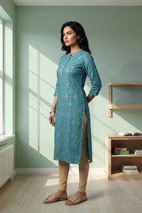 Teal Gold Printed Straight Kurta with Tights