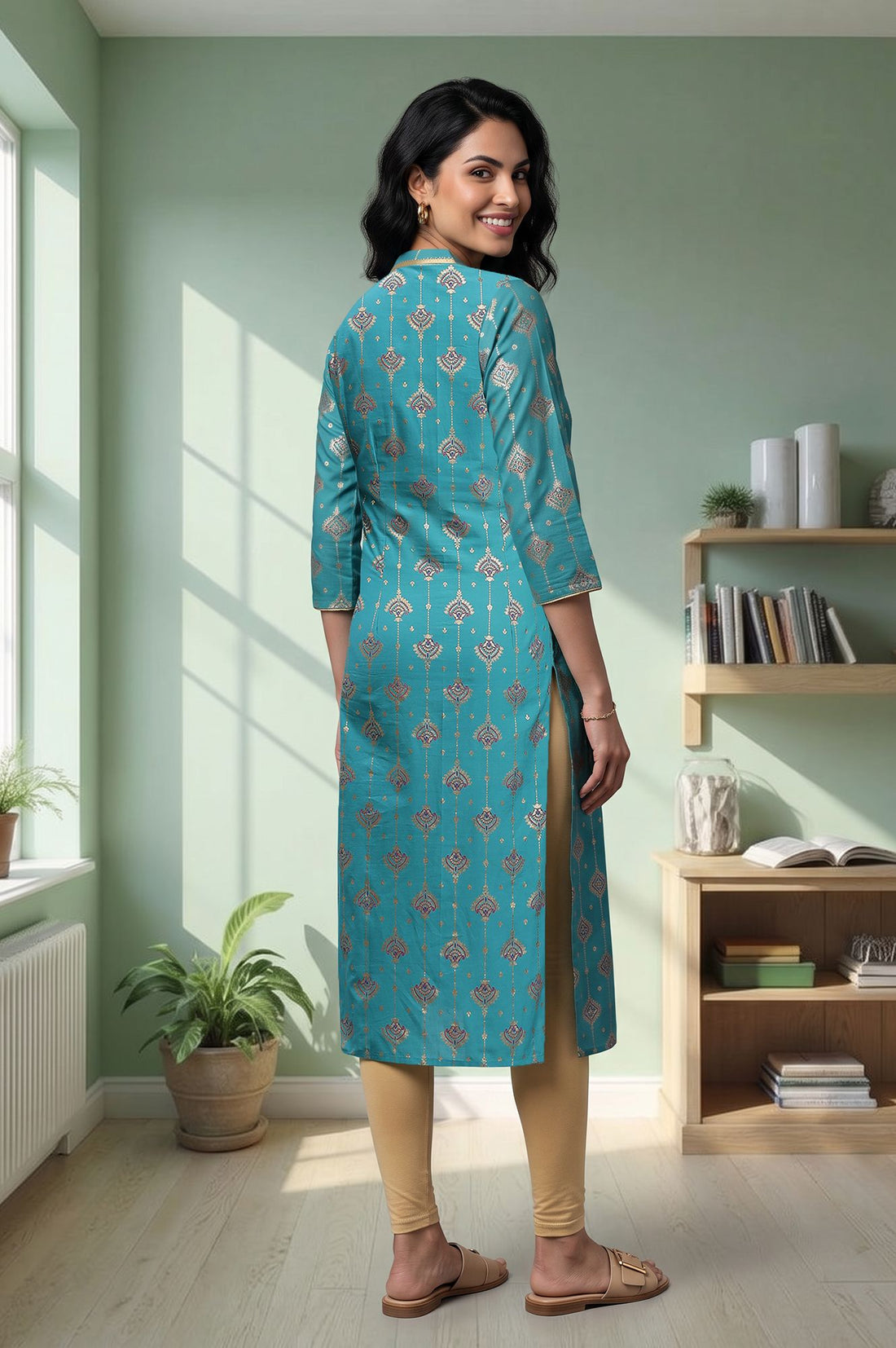 Teal Gold Printed Straight Kurta with Tights