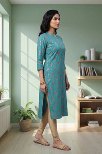 Teal Gold Printed Straight Kurta with Tights
