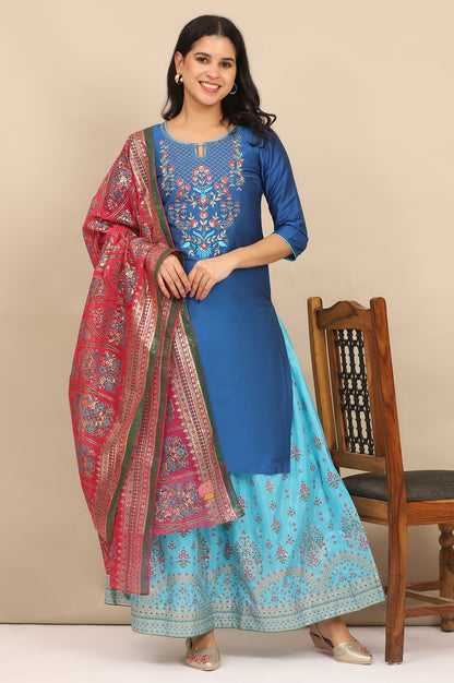 Blue Zari Embroidered Straight Kurta and Printed Skirt and Dupatta Set