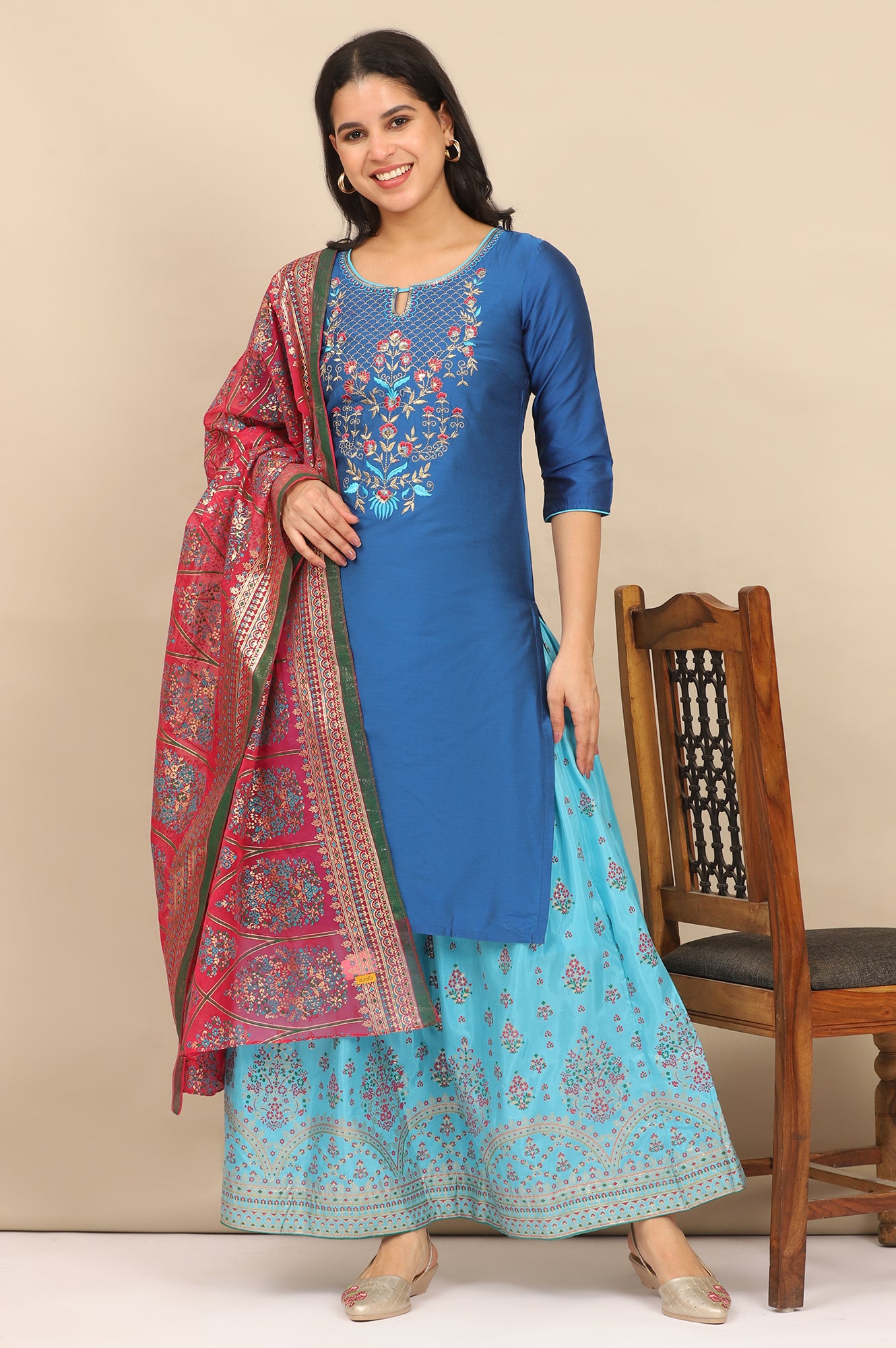 Blue Zari Embroidered Straight Kurta and Printed Skirt and Dupatta Set