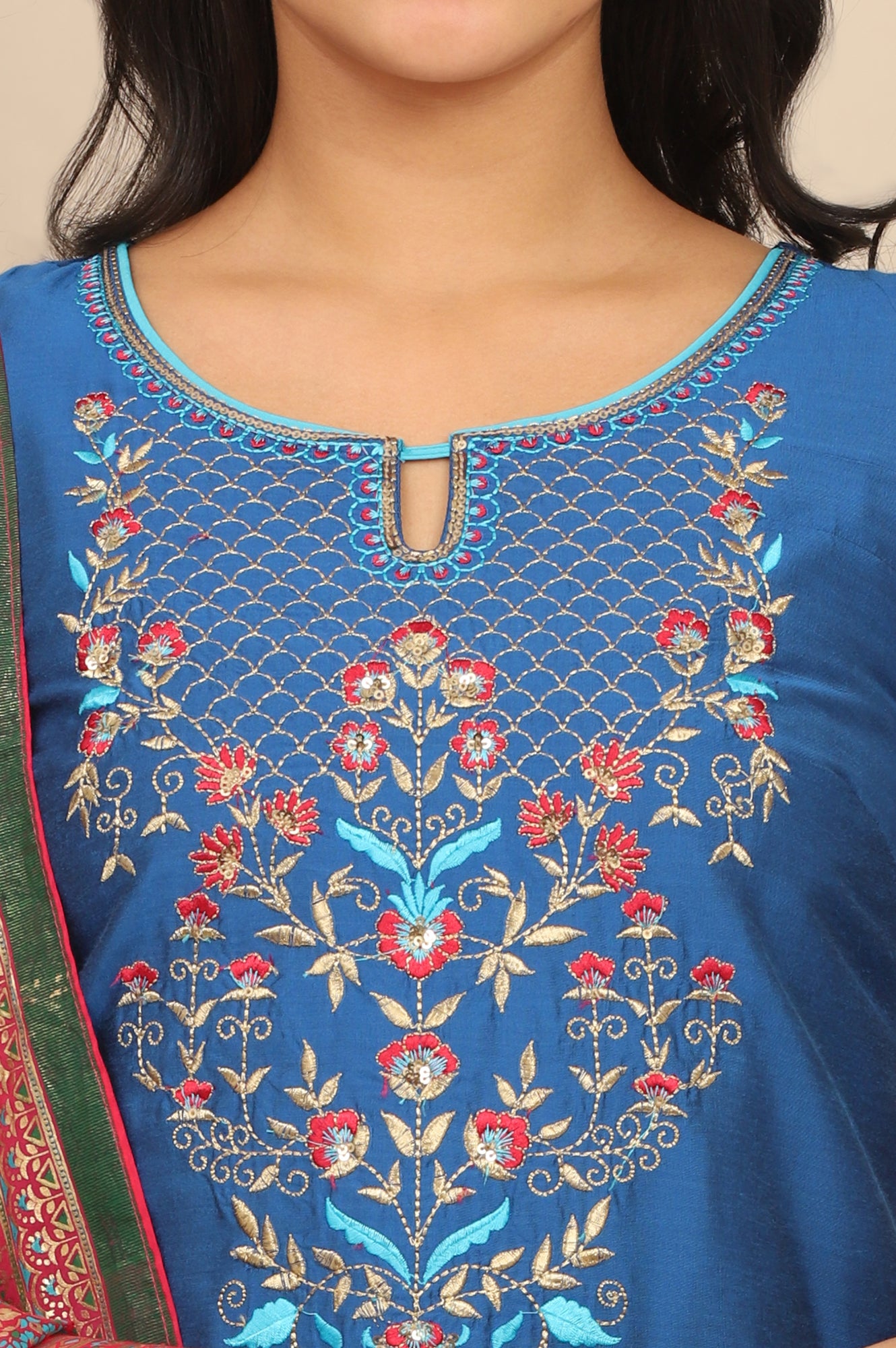 Blue Zari Embroidered Straight Kurta and Printed Skirt and Dupatta Set