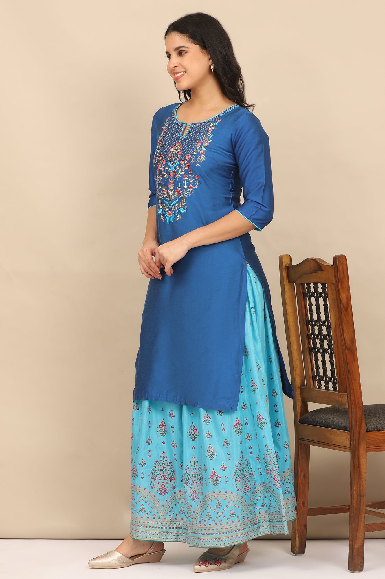 Blue Zari Embroidered Straight Kurta and Printed Skirt and Dupatta Set