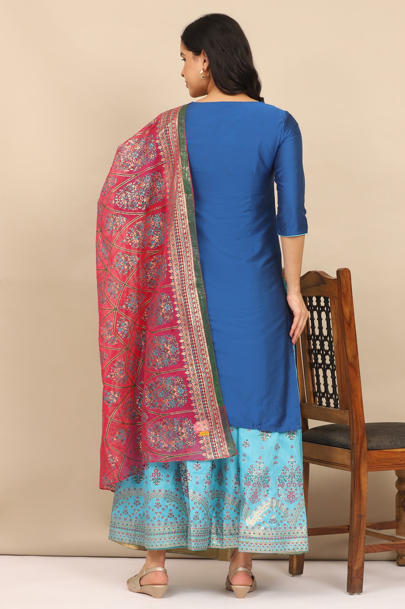 Blue Zari Embroidered Straight Kurta and Printed Skirt and Dupatta Set