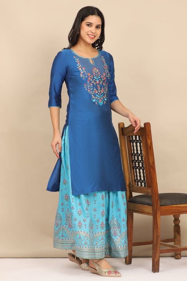 Blue Zari Embroidered Straight Kurta and Printed Skirt and Dupatta Set