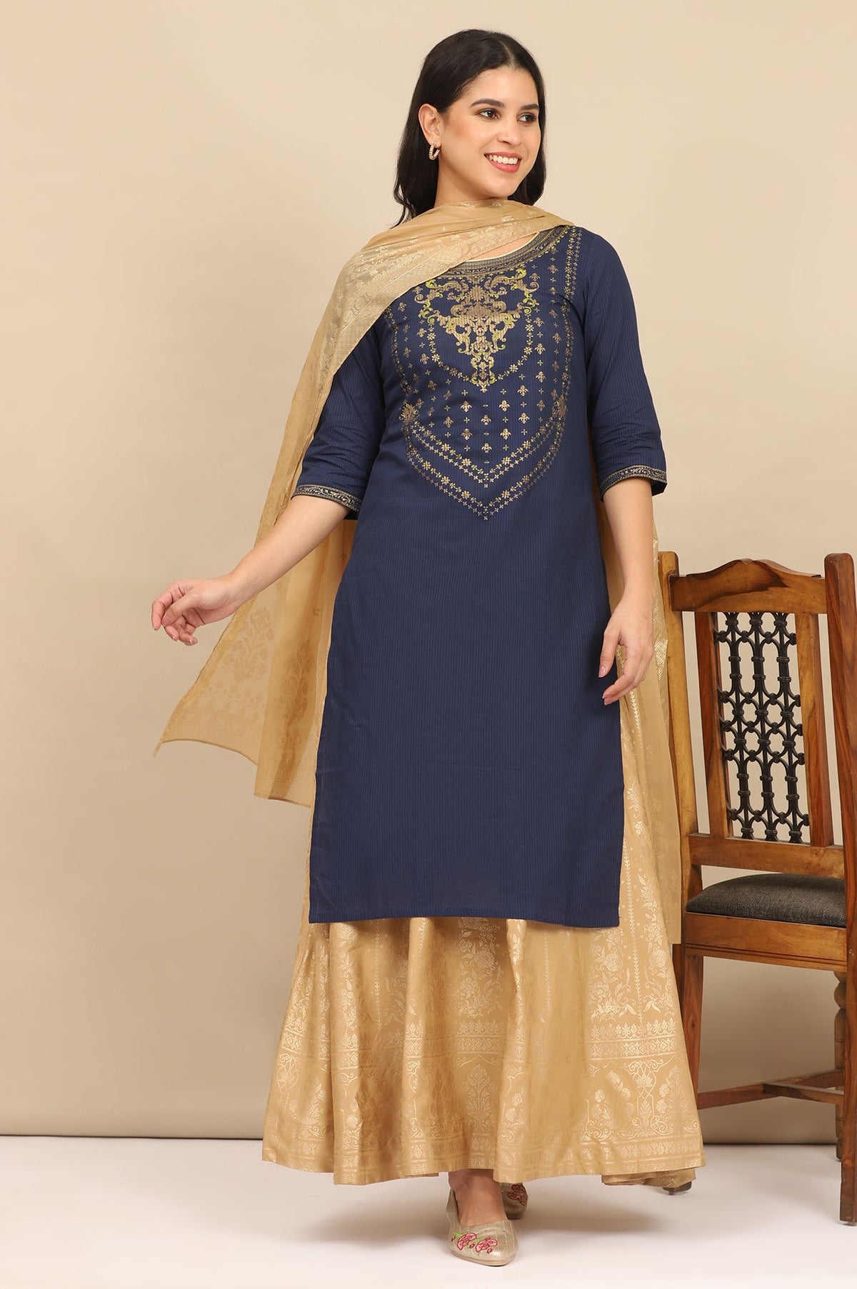 Navy Blue Gold Printed Pure Cotton Straight Kurta with Tights Set - S