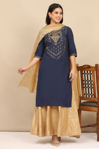Navy Blue Gold Printed Pure Cotton Straight Kurta with Tights Set