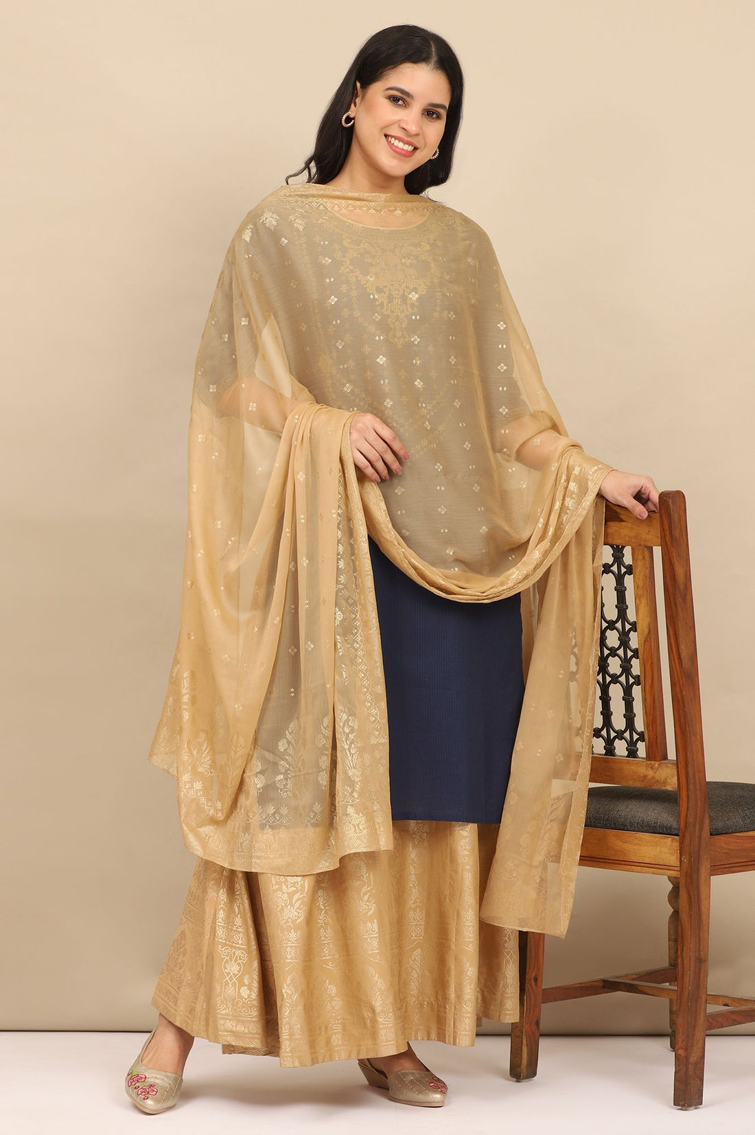 Navy Blue Gold Printed Pure Cotton Straight Kurta with Tights Set