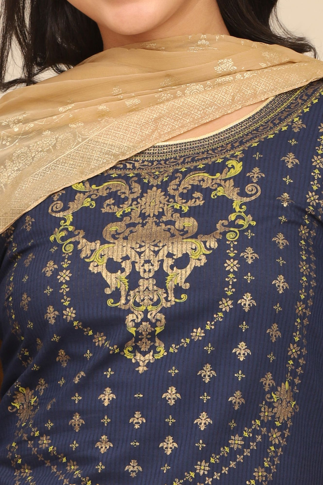 Navy Blue Gold Printed Pure Cotton Straight Kurta with Tights Set