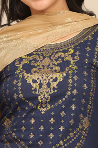Navy Blue Gold Printed Pure Cotton Straight Kurta with Tights Set