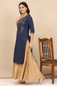 Blue Foil Printed Yoke Pure Cotton Straight Kurta, Skirt and Dupatta Set