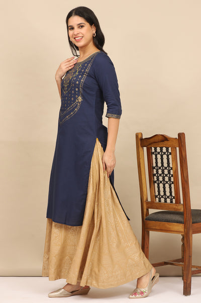 Blue Foil Printed Yoke Pure Cotton Straight Kurta, Skirt and Dupatta Set
