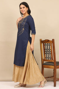 Navy Blue Gold Printed Pure Cotton Straight Kurta with Tights Set