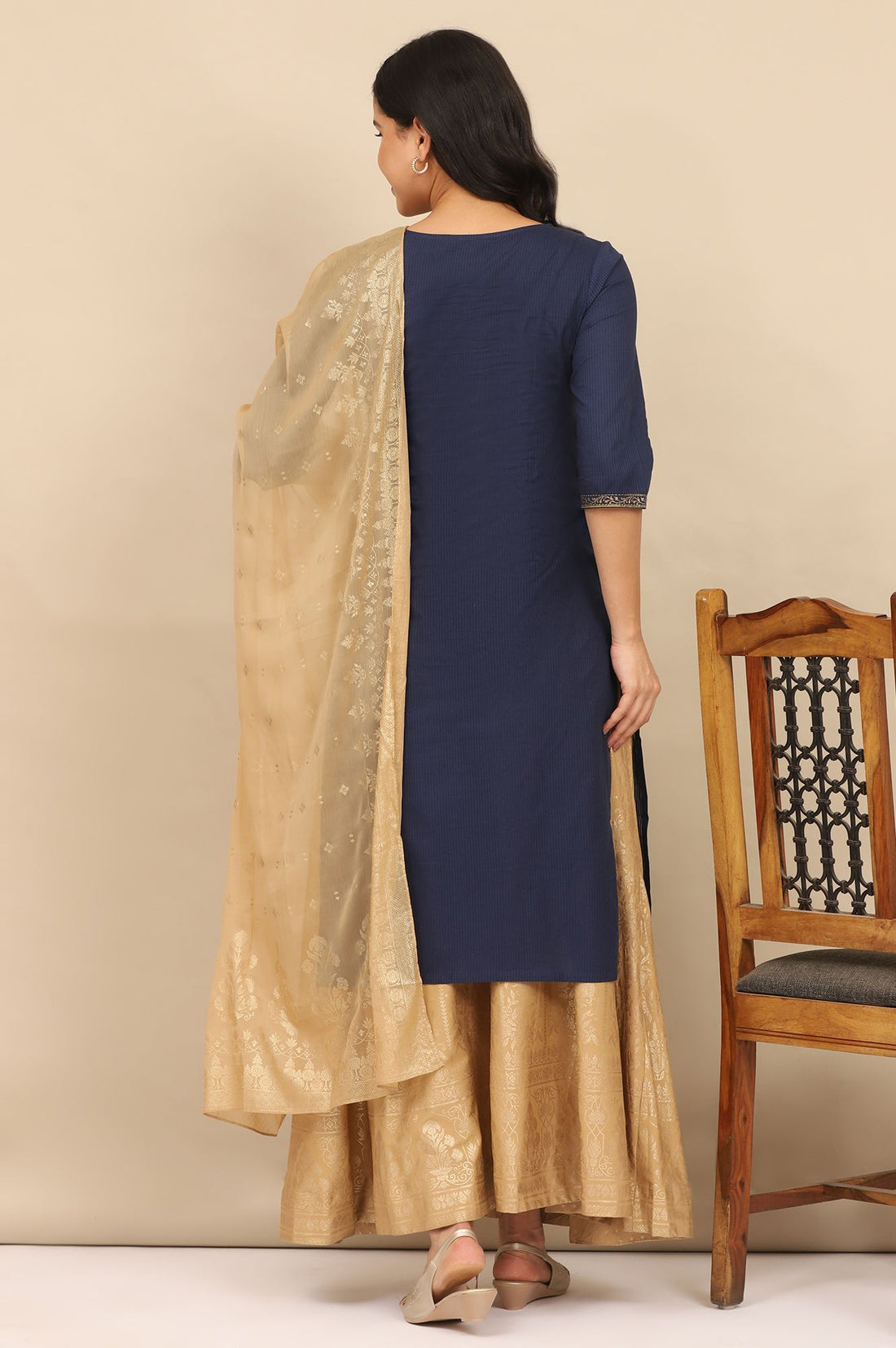 Navy Blue Gold Printed Pure Cotton Straight Kurta with Tights Set