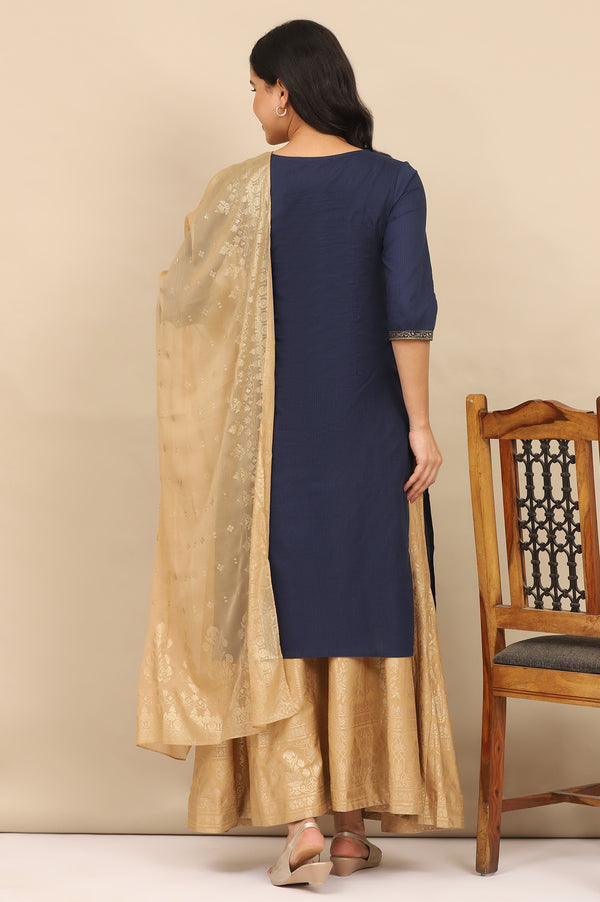 Blue Foil Printed Yoke Pure Cotton Straight Kurta, Skirt and Dupatta Set