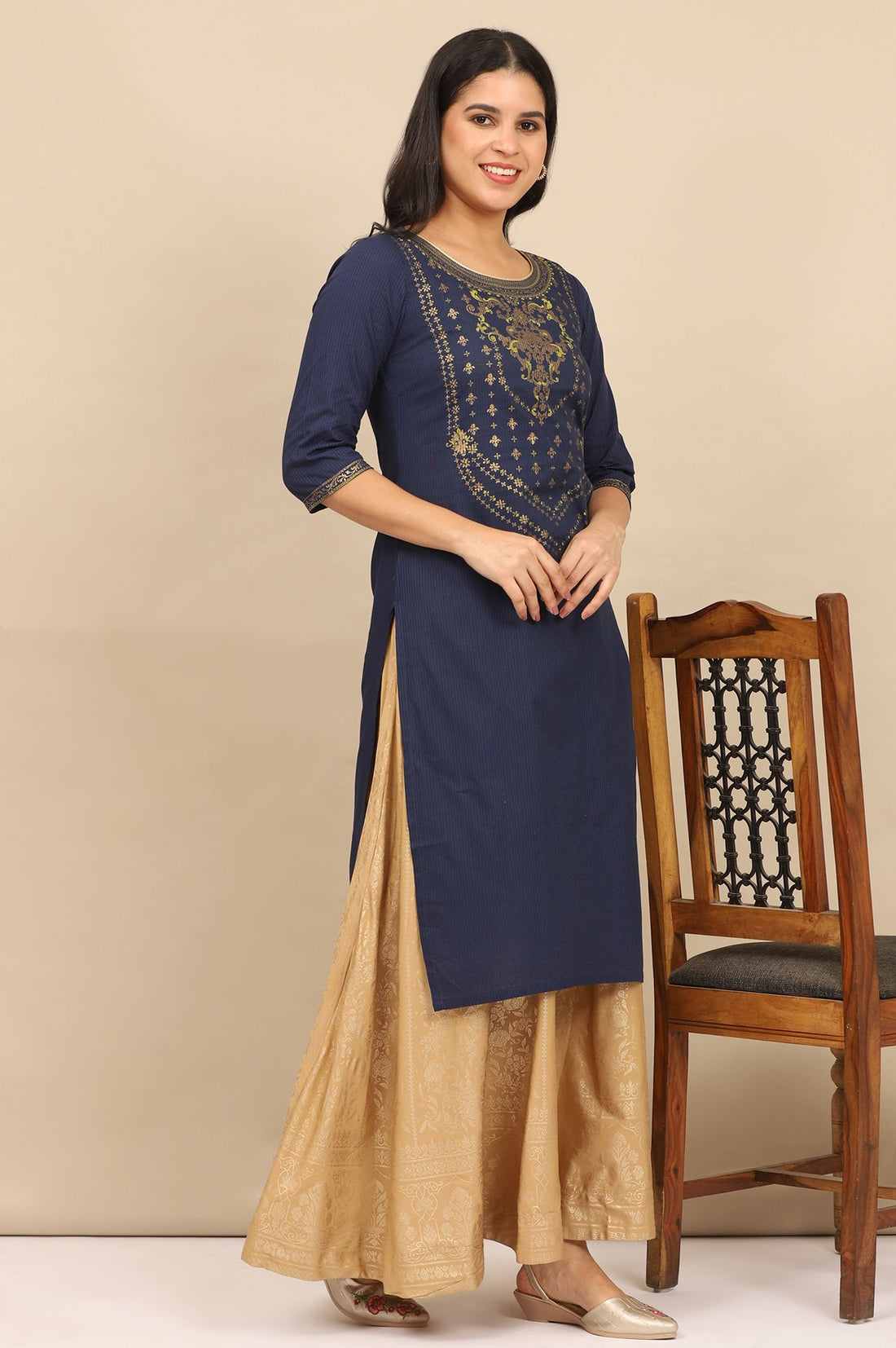 Navy Blue Gold Printed Pure Cotton Straight Kurta with Tights Set