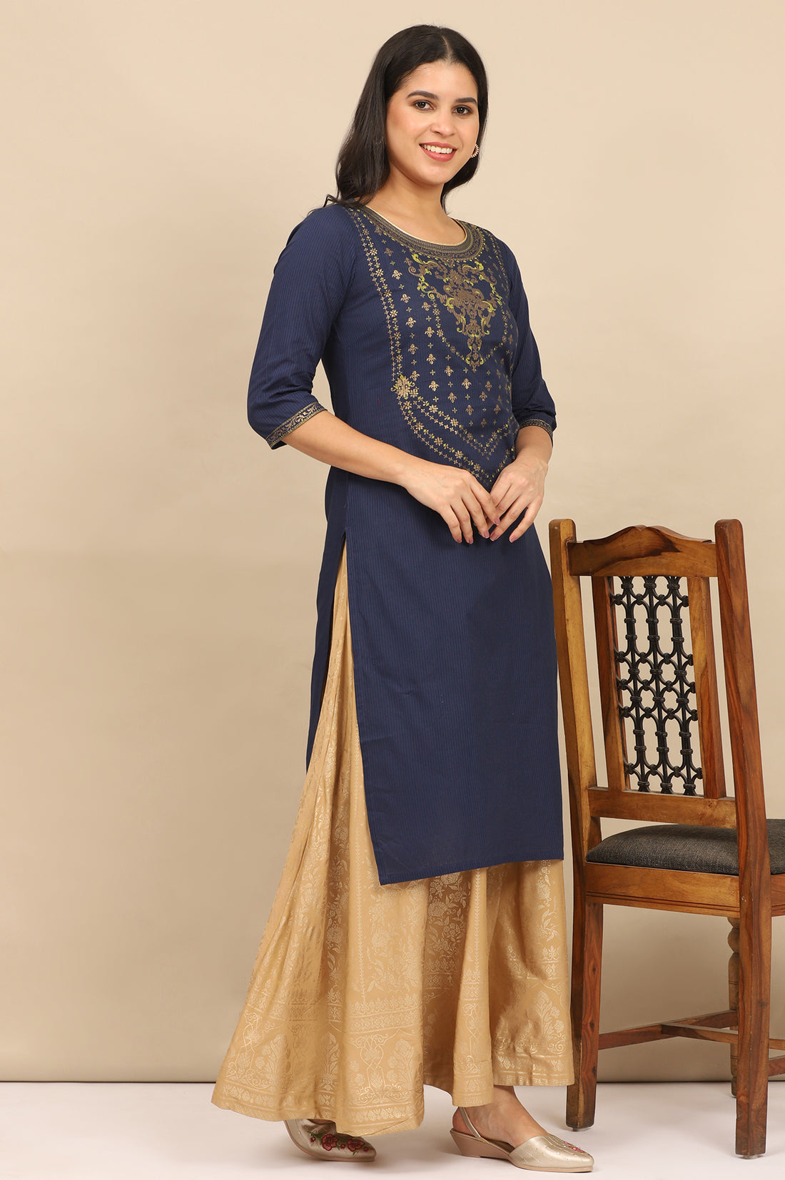 Blue Foil Printed Yoke Pure Cotton Straight Kurta, Skirt and Dupatta Set