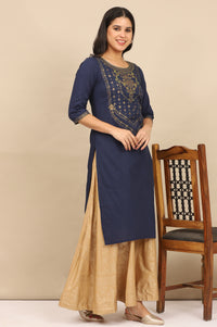 Blue Foil Printed Yoke Pure Cotton Straight Kurta, Skirt and Dupatta Set