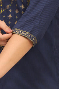 Navy Blue Gold Printed Pure Cotton Straight Kurta with Tights Set