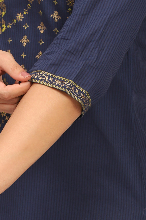 Blue Foil Printed Yoke Pure Cotton Straight Kurta, Skirt and Dupatta Set