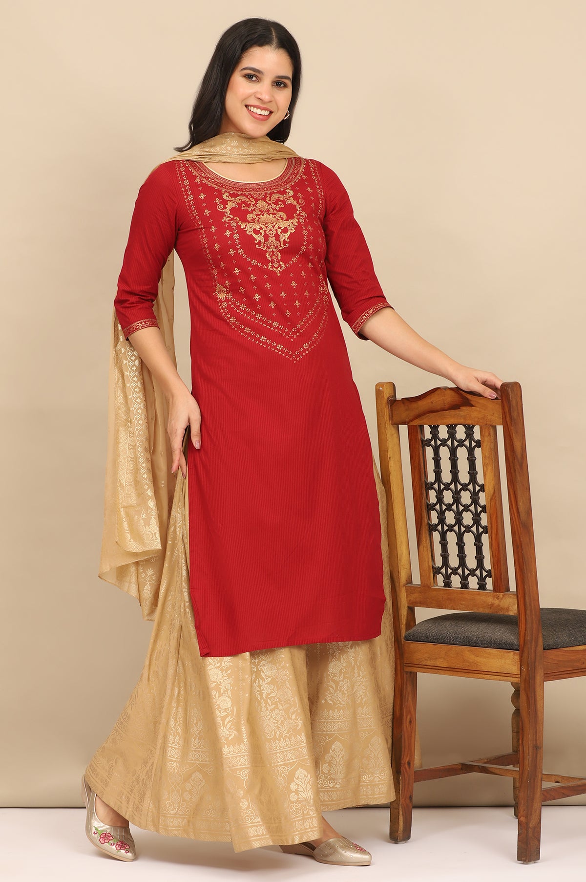 Red Foil Printed Yoke Pure Cotton Straight Kurta, Skirt and Dupatta Set - S