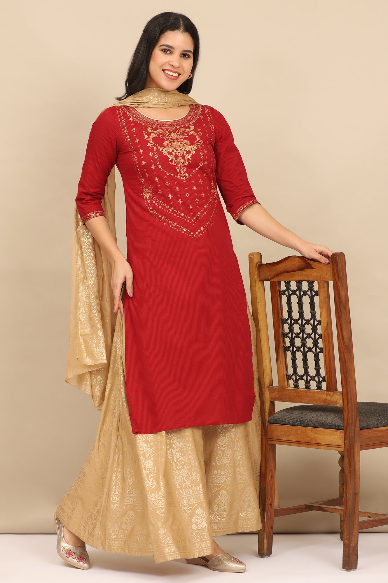 Red Foil Printed Yoke Pure Cotton Straight Kurta, Skirt and Dupatta Set