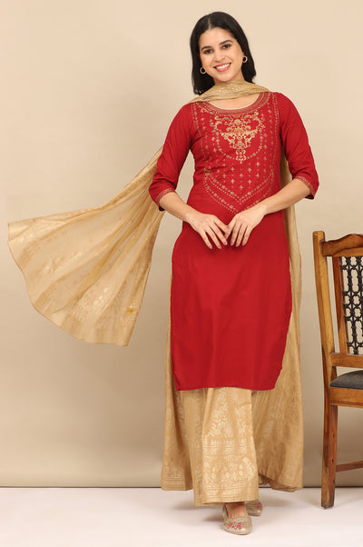 Red Foil Printed Yoke Pure Cotton Straight Kurta, Skirt and Dupatta Set