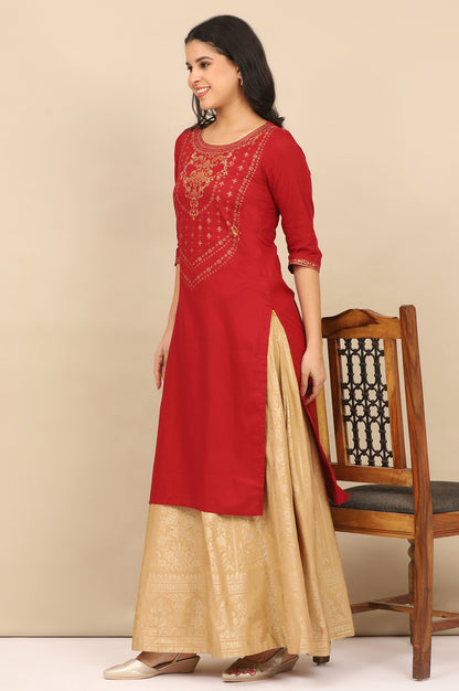 Red Foil Printed Yoke Pure Cotton Straight Kurta, Skirt and Dupatta Set