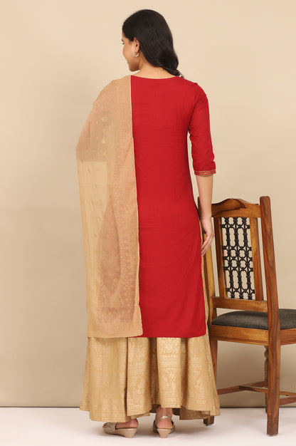 Red Foil Printed Yoke Pure Cotton Straight Kurta, Skirt and Dupatta Set