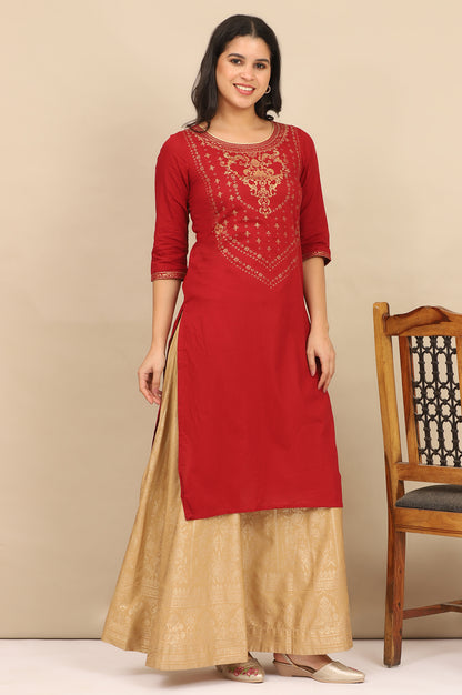 Red Foil Printed Yoke Pure Cotton Straight Kurta, Skirt and Dupatta Set