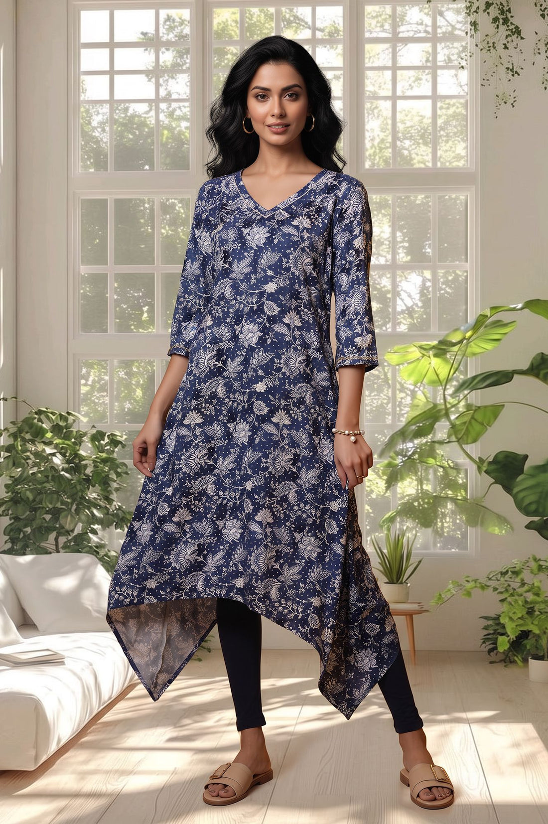 Navy Blue Floral Printed Rayon A-line Kurta with Tights Set