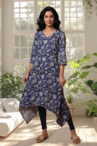 Navy Blue Floral Printed Rayon A-line Kurta with Tights Set