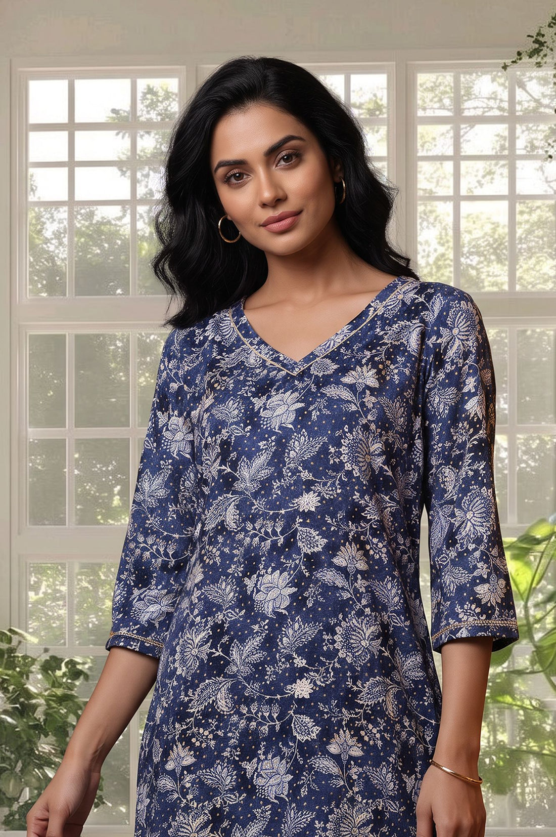 Navy Blue Floral Printed Rayon A-line Kurta with Tights Set