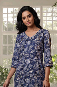 Navy Blue Floral Printed Rayon A-line Kurta with Tights Set
