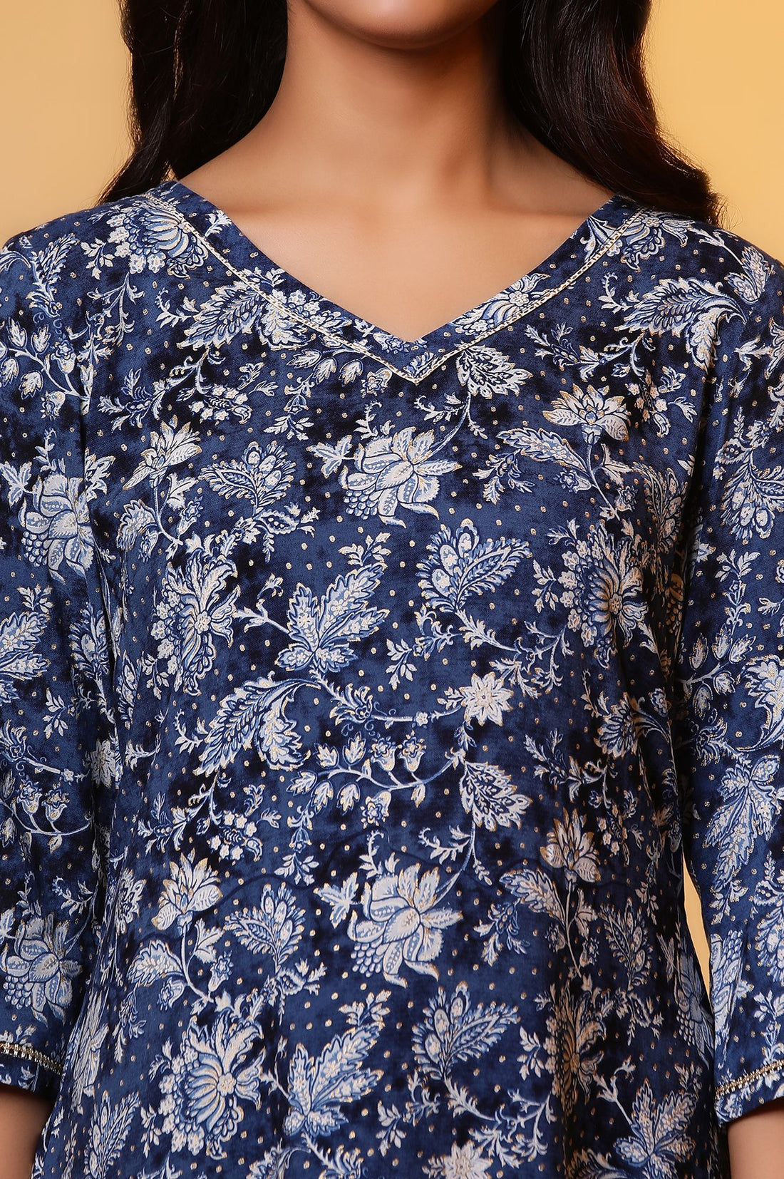 Navy Blue Floral Printed Rayon A-line Kurta with Tights Set