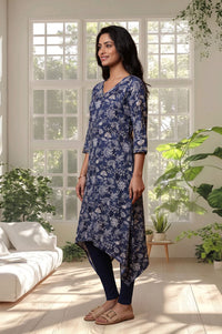 Navy Blue Floral Printed Rayon A-line Kurta with Tights Set