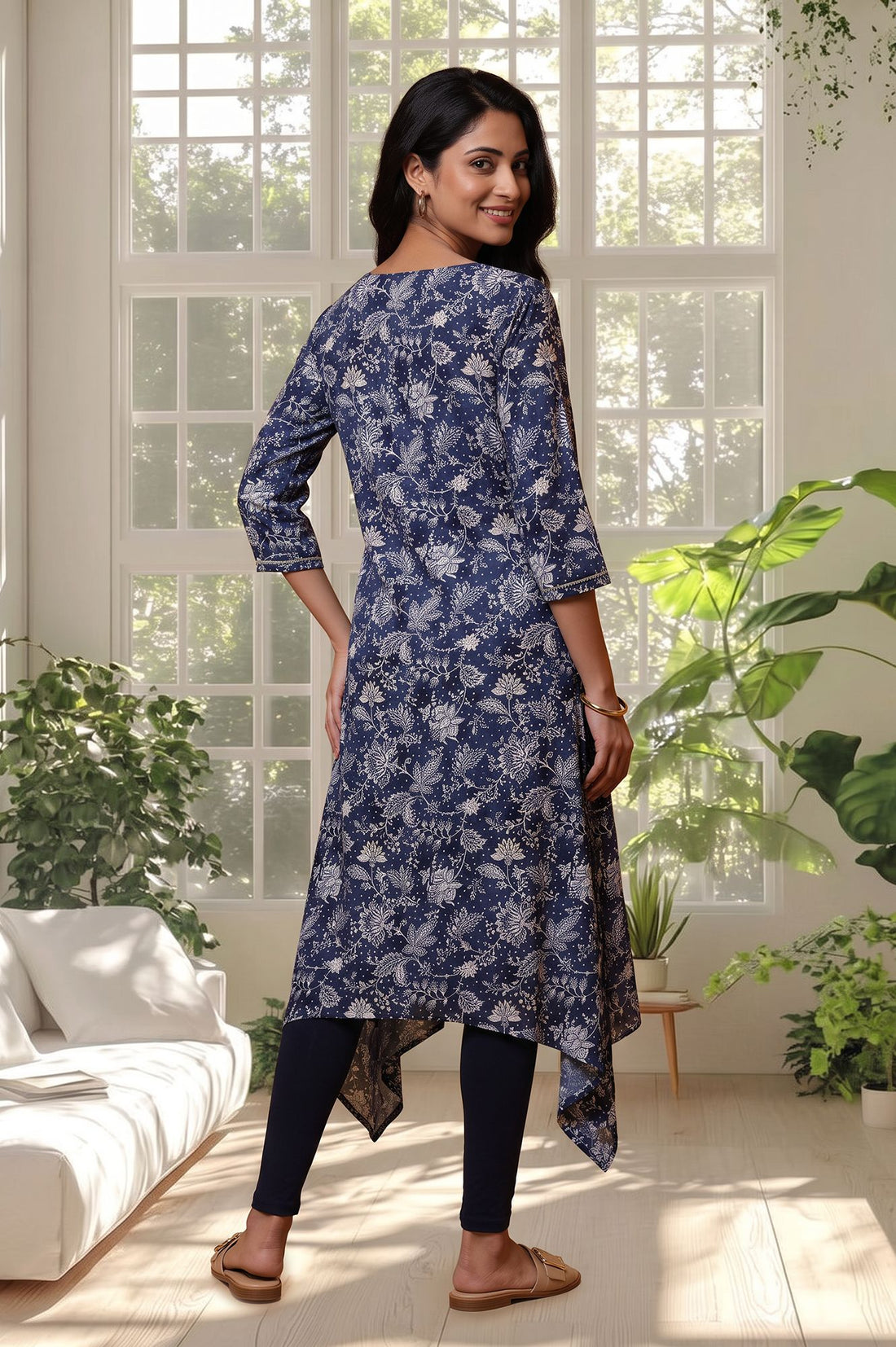 Navy Blue Floral Printed Rayon A-line Kurta with Tights Set