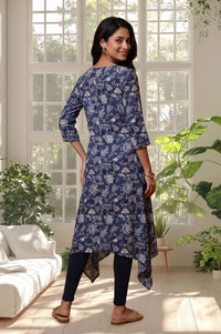Navy Blue Floral Printed Rayon A-line Kurta with Tights Set