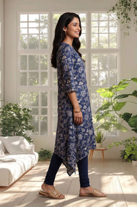 Navy Blue Floral Printed Rayon A-line Kurta with Tights Set