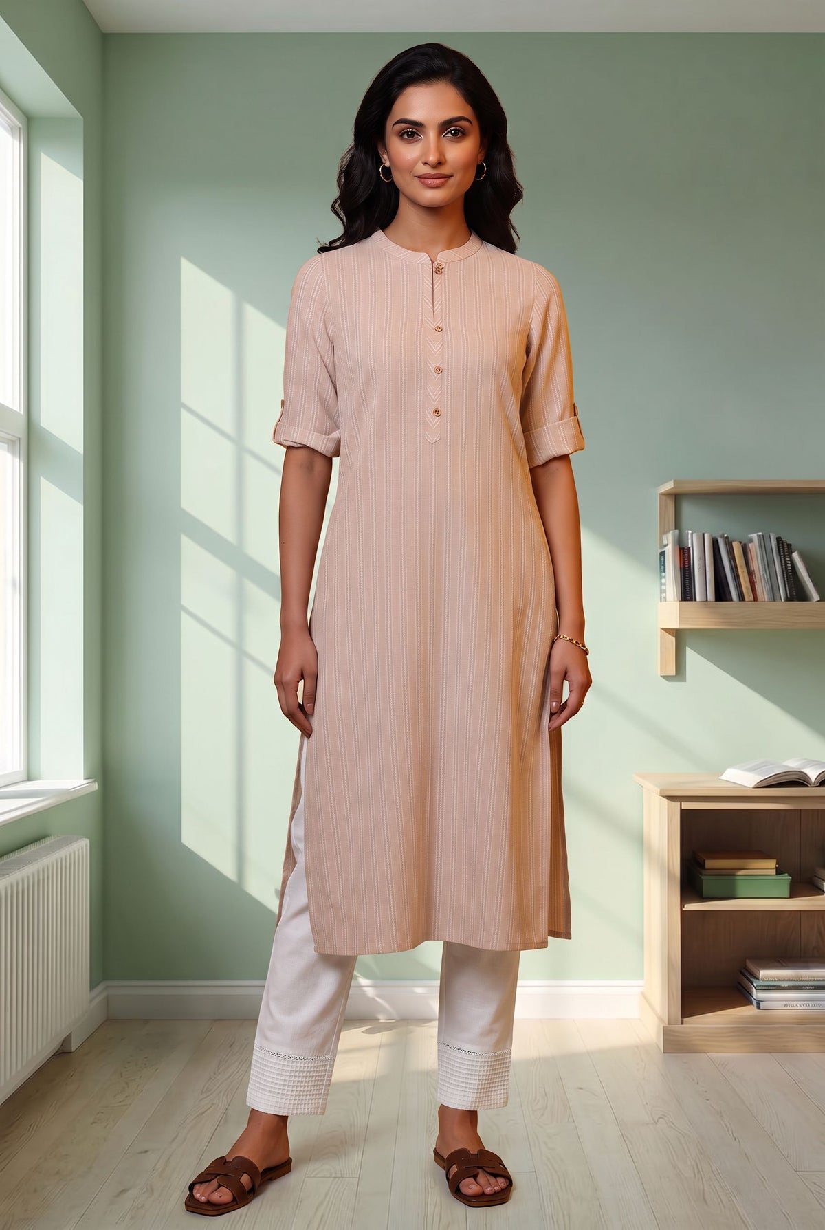 Beige Striped Cotton Blend Straight Kurta with Palazzo Set - XS