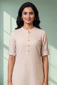 Beige Striped Cotton Blend Straight Kurta with Palazzo Set