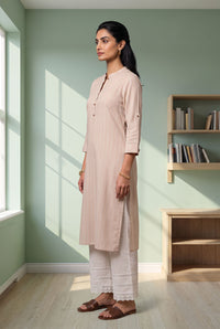 Beige Striped Cotton Blend Straight Kurta with Palazzo Set