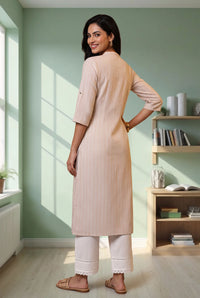 Beige Striped Cotton Blend Straight Kurta with Palazzo Set