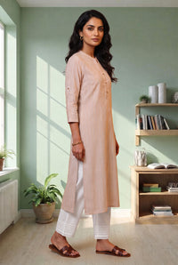 Beige Striped Cotton Blend Straight Kurta with Palazzo Set