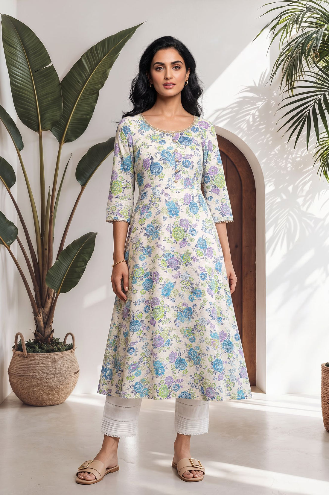 Off White Floral Printed Lace A-line Kurta with Trousers Set