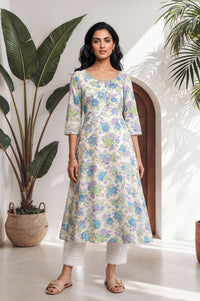 Off White Floral Printed Lace A-line Kurta with Trousers Set