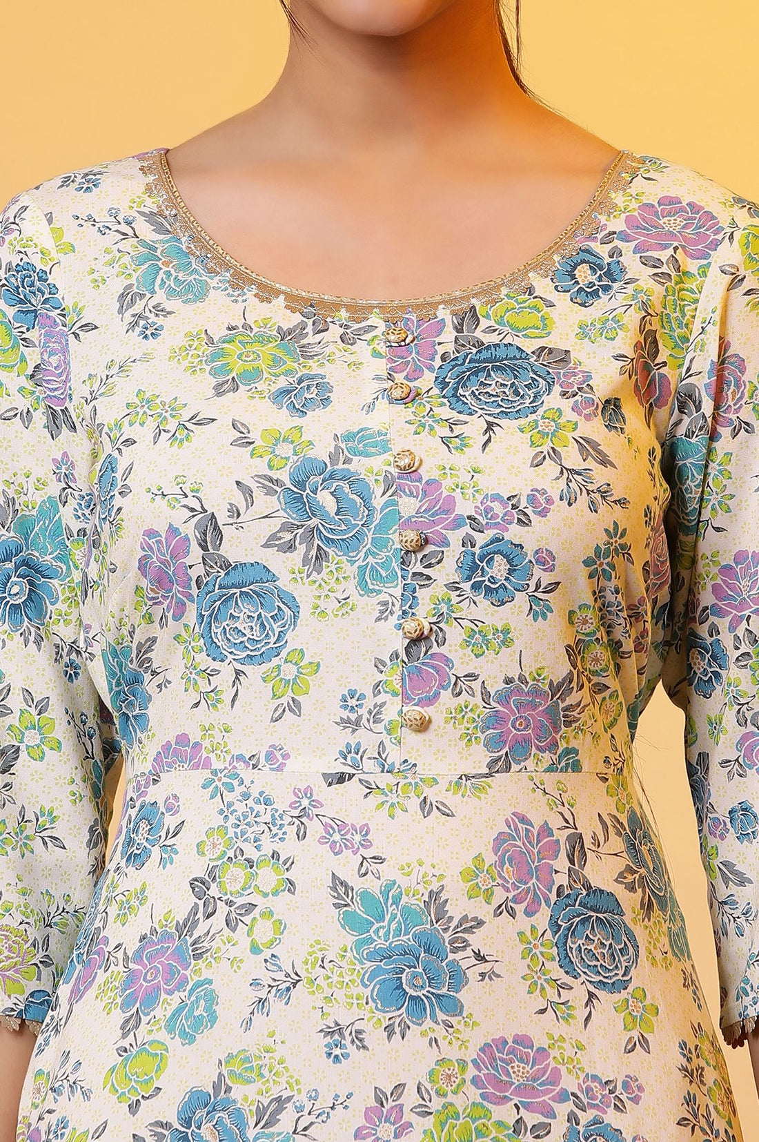 Off White Floral Printed Lace A-line Kurta with Trousers Set