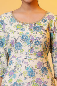 Off White Floral Printed Lace A-line Kurta with Trousers Set