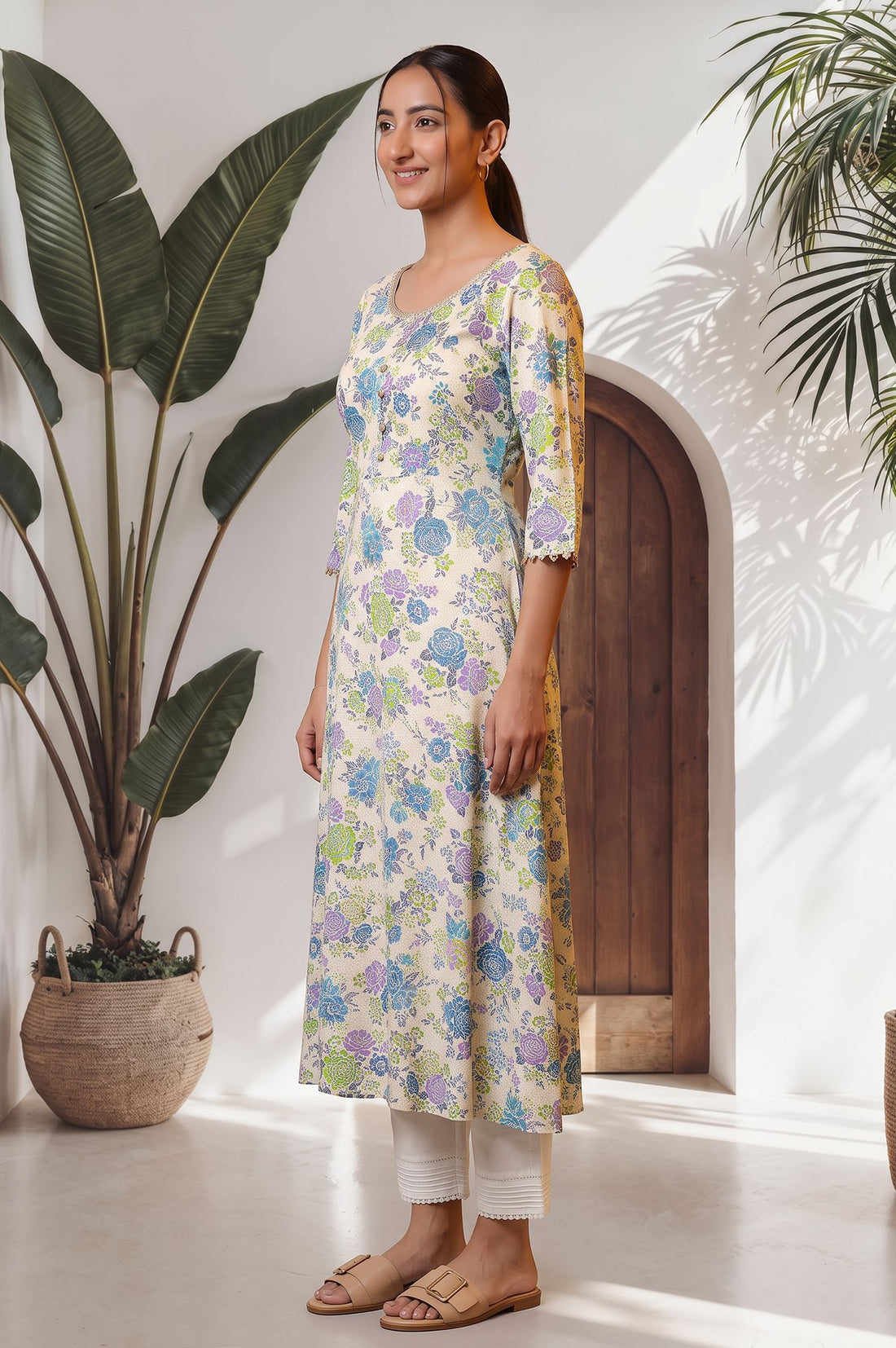 Off White Floral Printed Lace A-line Kurta with Trousers Set