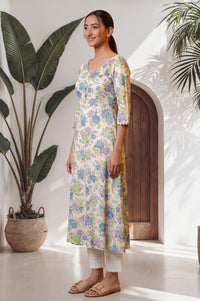 Off White Floral Printed Lace A-line Kurta with Trousers Set